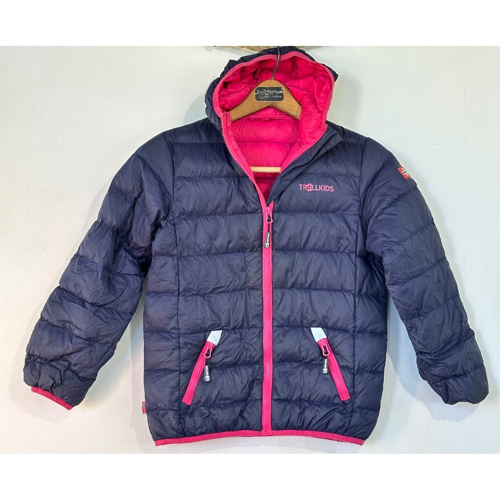 Trollkids Puffer Jacket Hooded Down Insulated Kids 10 Blue School Outdoor Winter